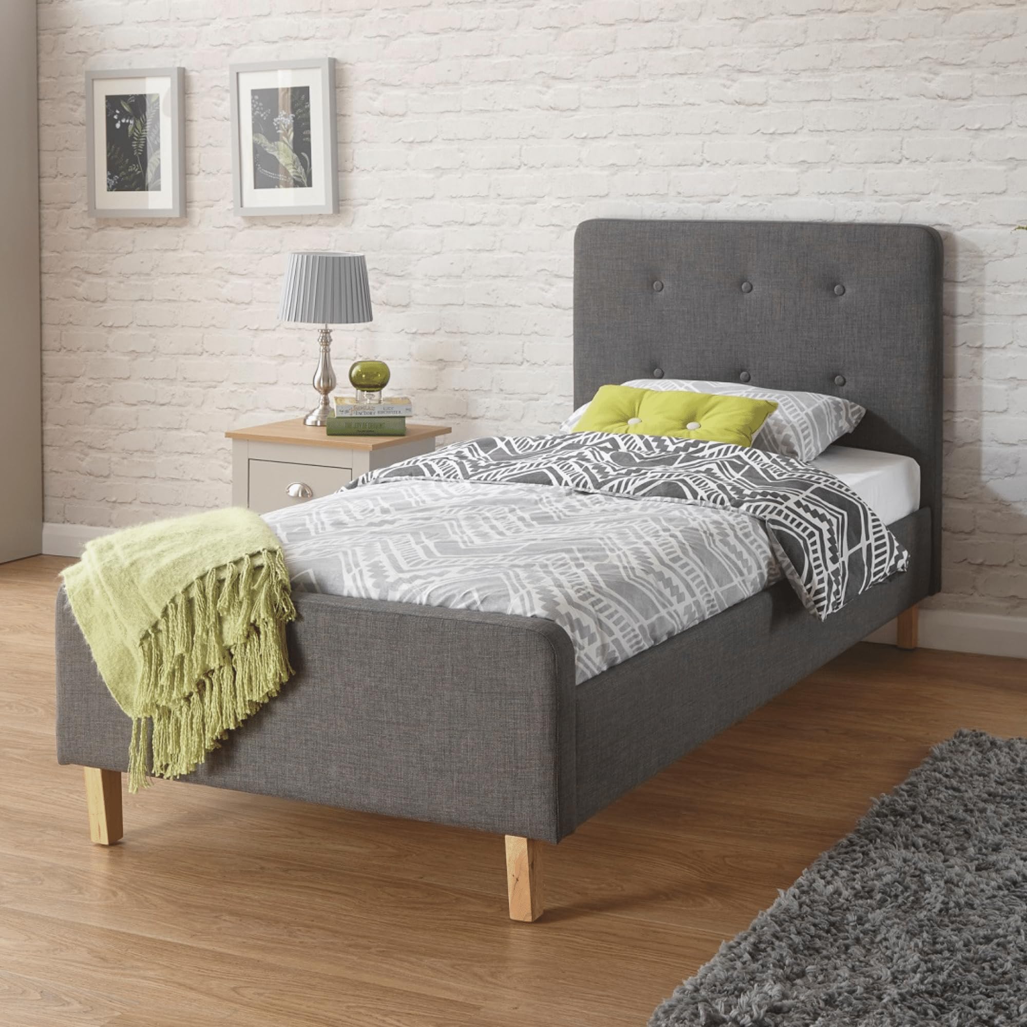 GFW Ashbourne Grey Fabric Modern Buttoned headbord Bedframe light oak effect legs Single 3ft Bed