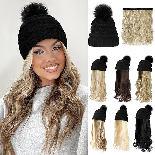 Lansigreen Gorro con peluca, gorro con cabello, extensiones largas onduladas, gorro de punto con pompones, 20 pulgadas, sintético, extraíble, para