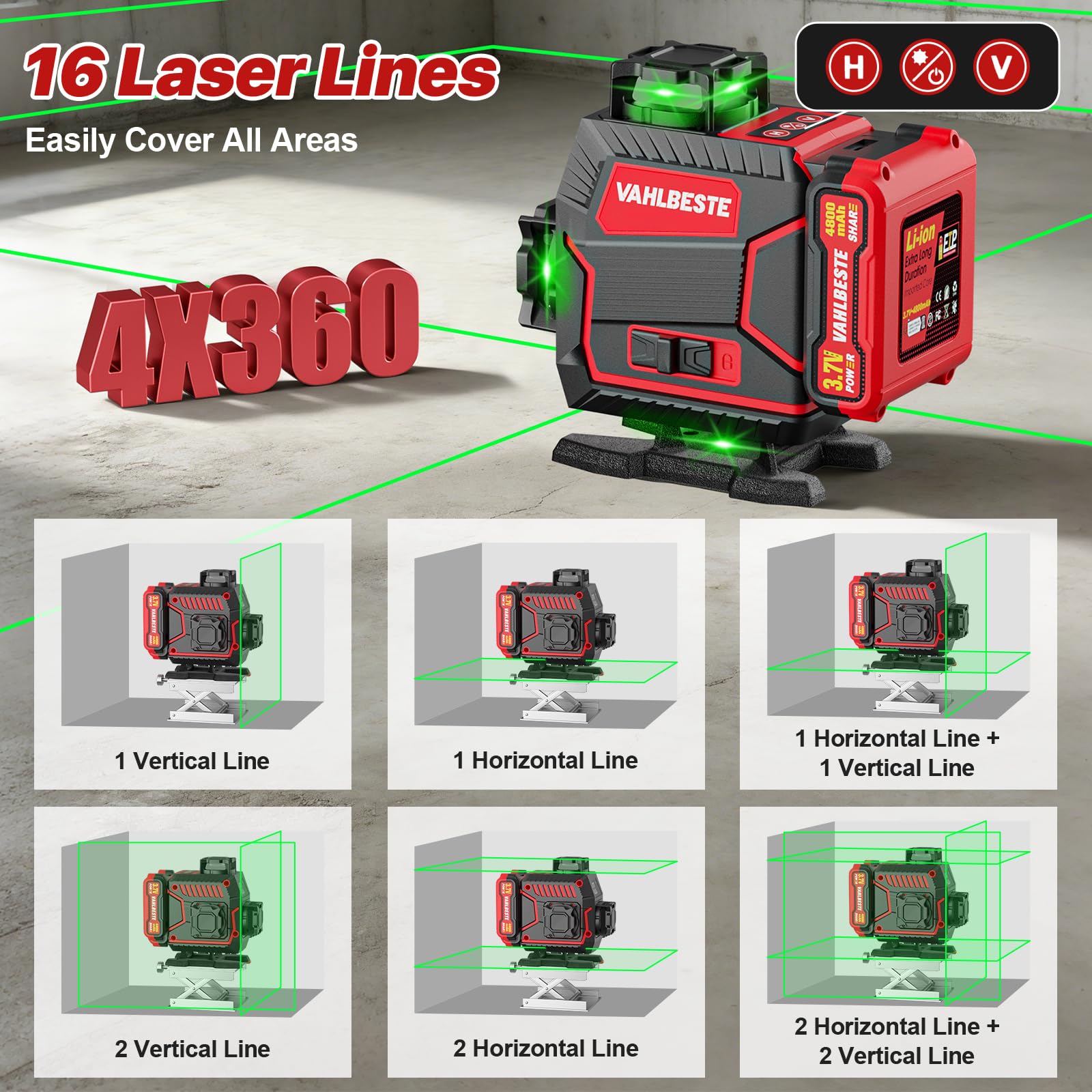 Niveau Laser avec Trepied, 4D 16 Lignes Laser Chantier avec 2x4800mAh Batterie et Affichage LED, Niveau Laser 360 Autonivelant, Télécommande, APP, IP54 pour la Construction