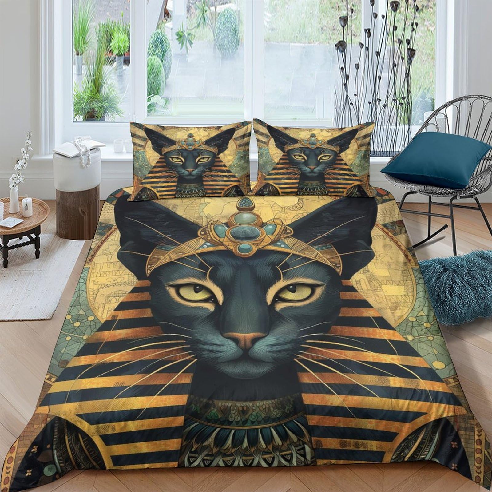 NRAOPEVVD Egyptian Cat Duvet Cover 3 PCS Hotel Quality Quilt Cover Bedding Bed Covers with Pillowcases with Zipper Closure Breathable Stylish Comforter Double（200x200cm）