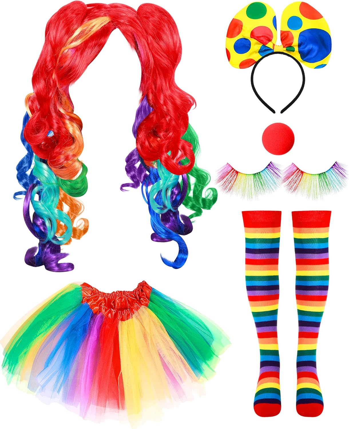 6 Pcs Women Clown Costume Rainbow Wig Tutu Skirt Eyelashes Clown Nose Socks for Halloween Party