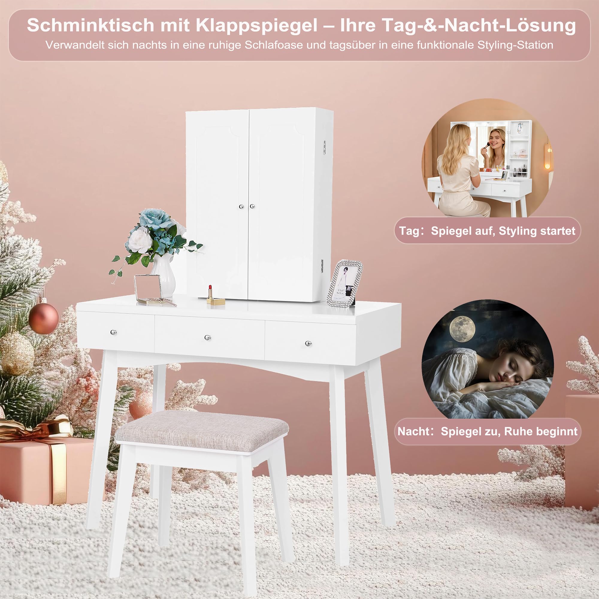 Schminktisch mit LED Beleuchtung großem Spiegel & Kosmetiktisch Frisiertisch mit dimmbarer Beleuchtung, verstellbaren Ablagen, großer Schublade