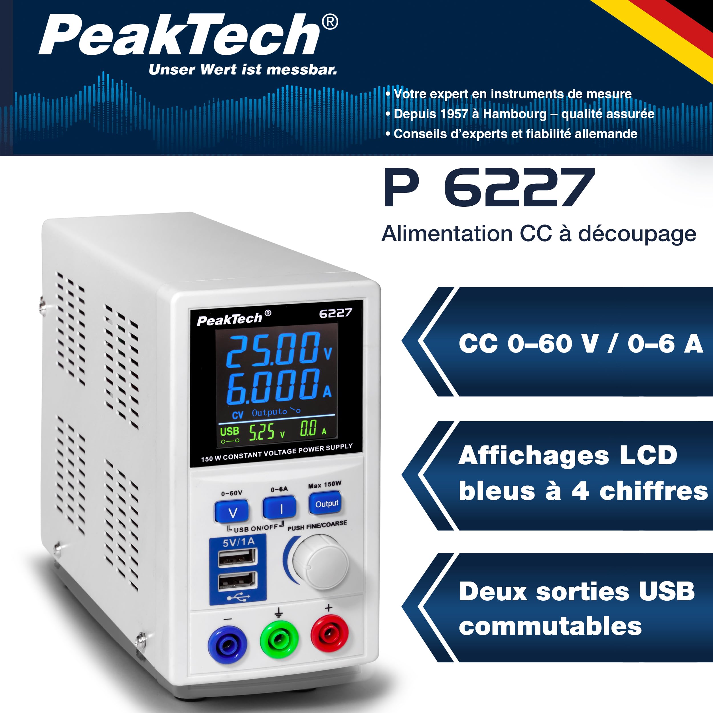 PeakTech P 6227 - DC Switching Power Supply 0-60 V/ 0-6 A with Color LCD & 2 x USB