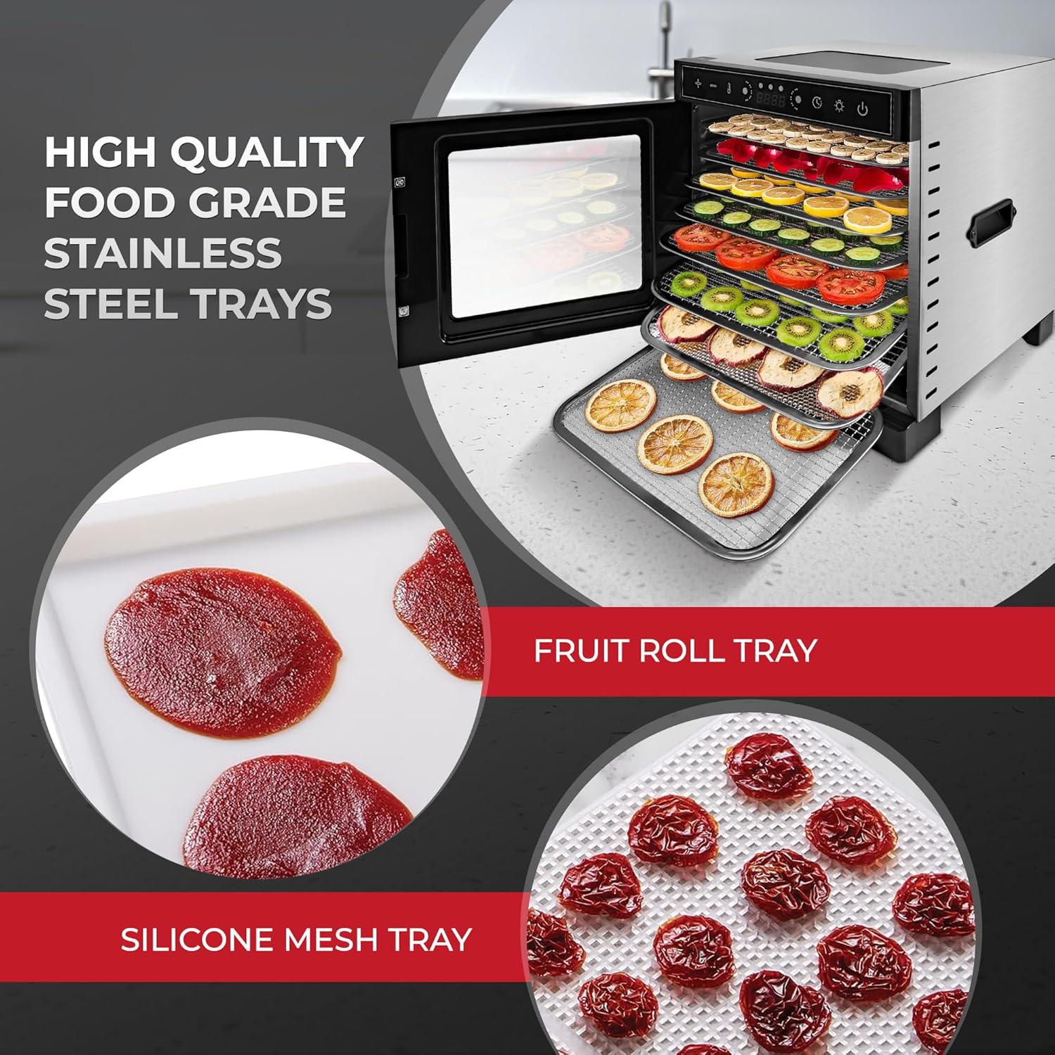 Rosewill Food Dehydrator | Powerful 400W Rear Fan Even-Drying System | 8 Full-Size Stainless Steel Trays | 95°-195° Temperature Control, 48H Timer, Keep Warm + Auto Shutoff | Jerky, Herbs, Meat