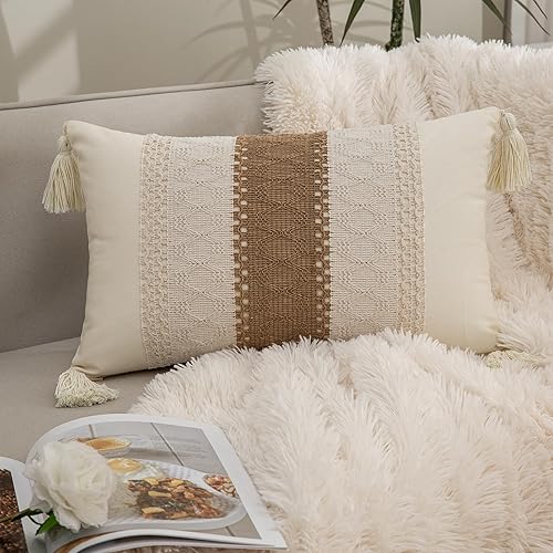 Miniatura 5 de Mayler Yee Fundas de almohada lumbares de 12 x 20 pulgadas con borlas para sala de estar rural, fundas de almohada bohemias tejidas a rayas de