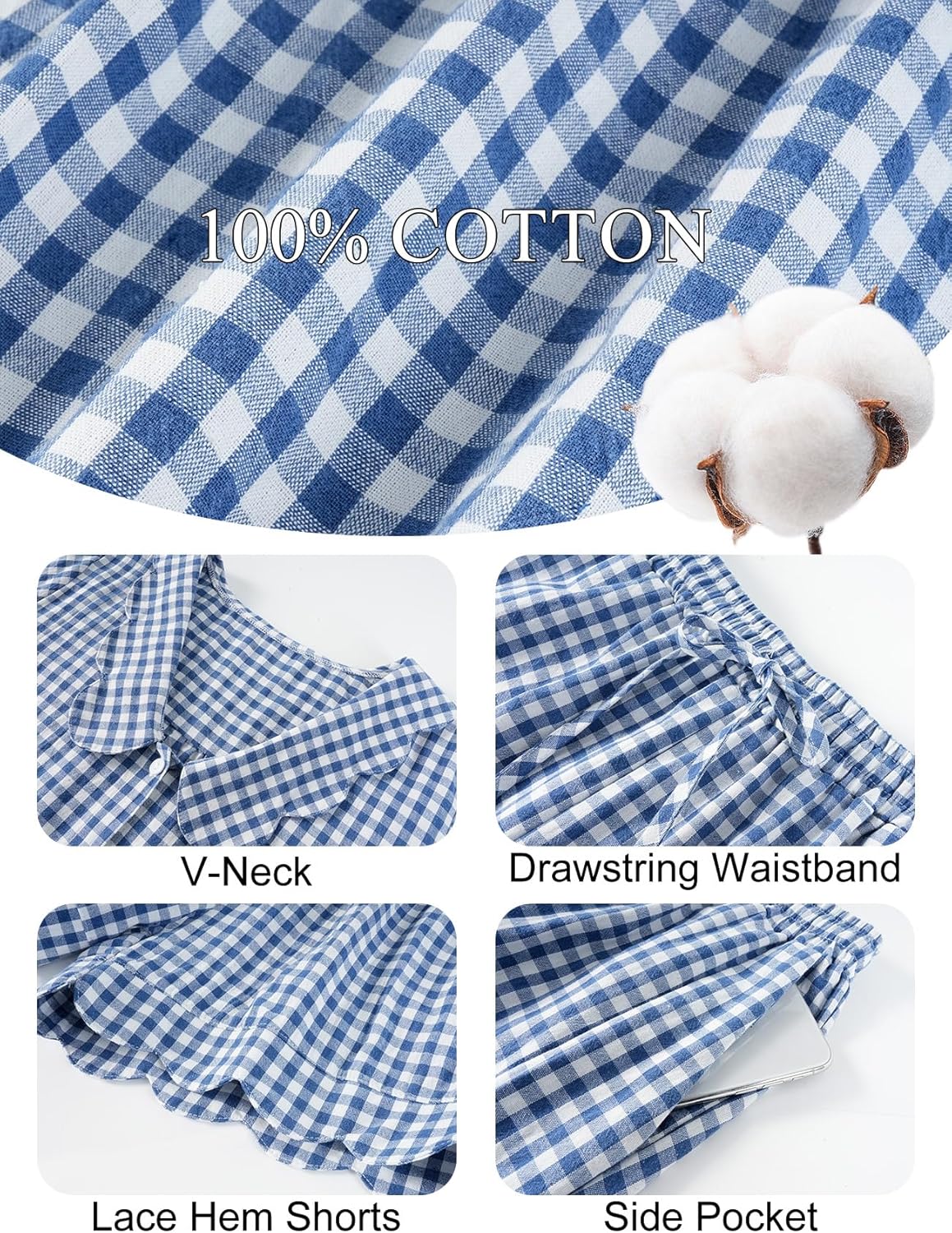 Kissonic Womens Gingham Pajama Set 2 Piece Scalloped Edge Plaid Babydoll Pjs Short Sleeve Cotton Sleepwear Lounge Set - Image 6