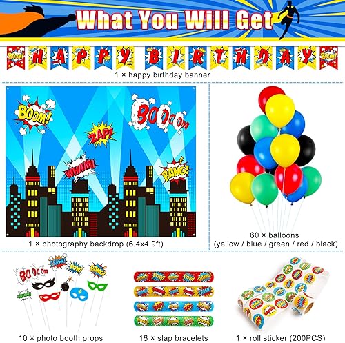 Miniatura 2 de DECORLIFE 89 accesorios de cabina de fotos de superhéroes que incluyen telón de fondo de fotografía, 16 pulseras de palmada, 10 accesorios de cabina