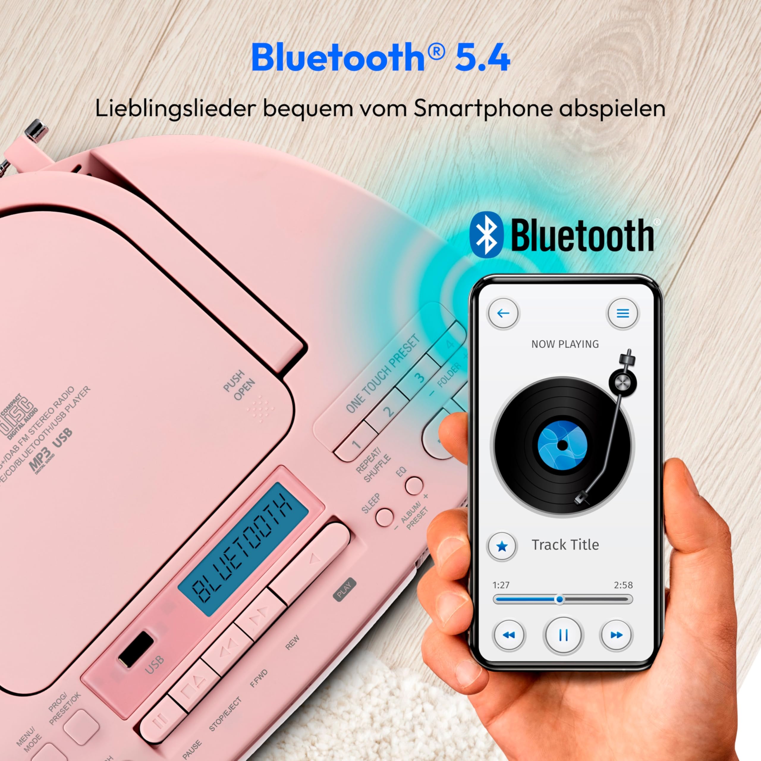 MEDION DRX-1 Plus Boombox (przenośne radio DAB+ FM, Bluetooth, odtwarzacz CD, MP3, kaseta, gniazdo słuchawkowe, system stereo Sound, AUX, sieć i bateria) różowy