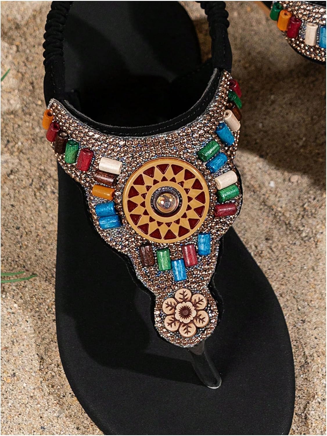GORGLITTER Girl's Sandals Summer Beach Vacation Cute Dress Shoes Bead Open Toe T Strap Flat Sandals Slip on Slides