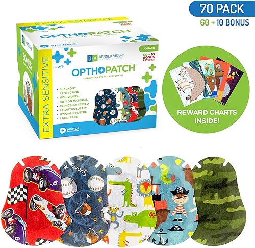 Miniatura 10 de Opthopatch Defined Vision - Parches para ojos para niños, diseño divertido para niños, 30 + 10 vendajes adhesivos de algodón hipoalergénico sin