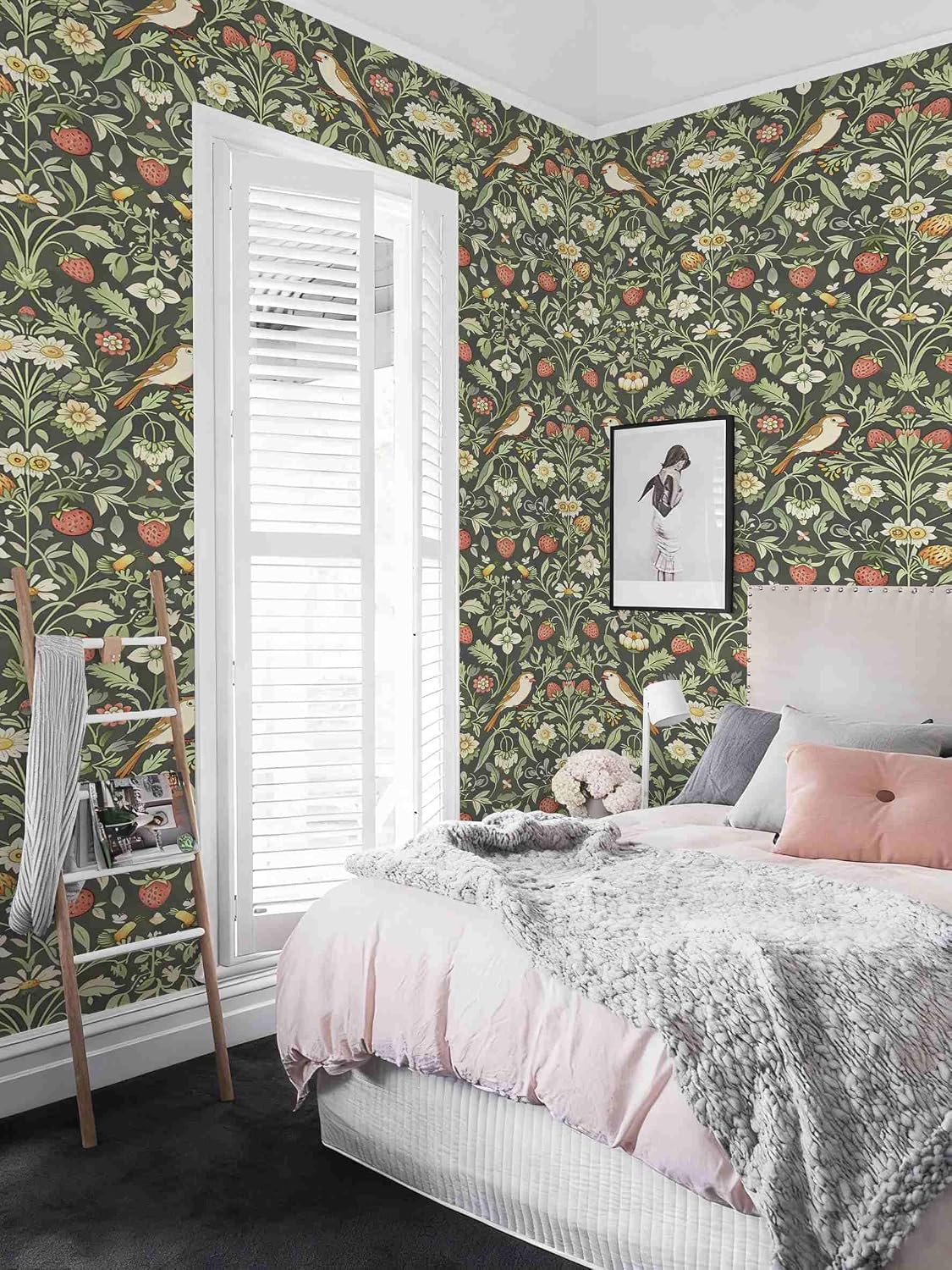 Vintage Strawberry Botanical Peel and Stick Wallpaper, Cottage Floral Bird Plants Pattern (Forest Green) for Home Decor | 17.7" x 236", Self-Adhesive, Waterproof Vinyl