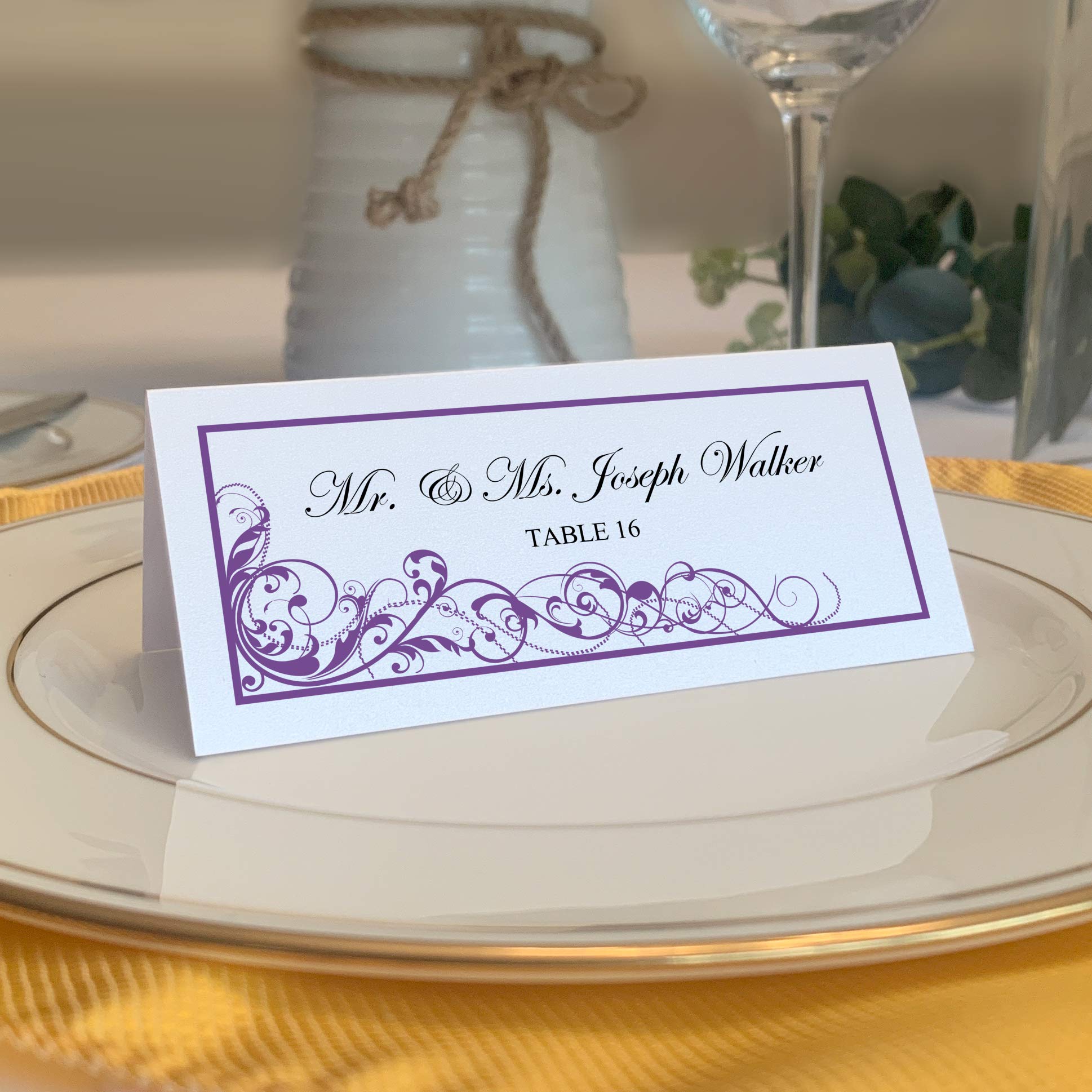 Scribble Vintage Swirl Printable Place Cards, Purple (Choose Color), Set of 60 (10 Sheets), Laser & Inkjet Printers - Wedding, Party, Dinner, and