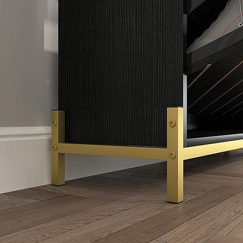 Miniatura 8 de Armario de zapatos con 3 cajones abatibles y estantes abiertos, moderno armario de almacenamiento de zapatos de entrada delgado, estrecho y oculto