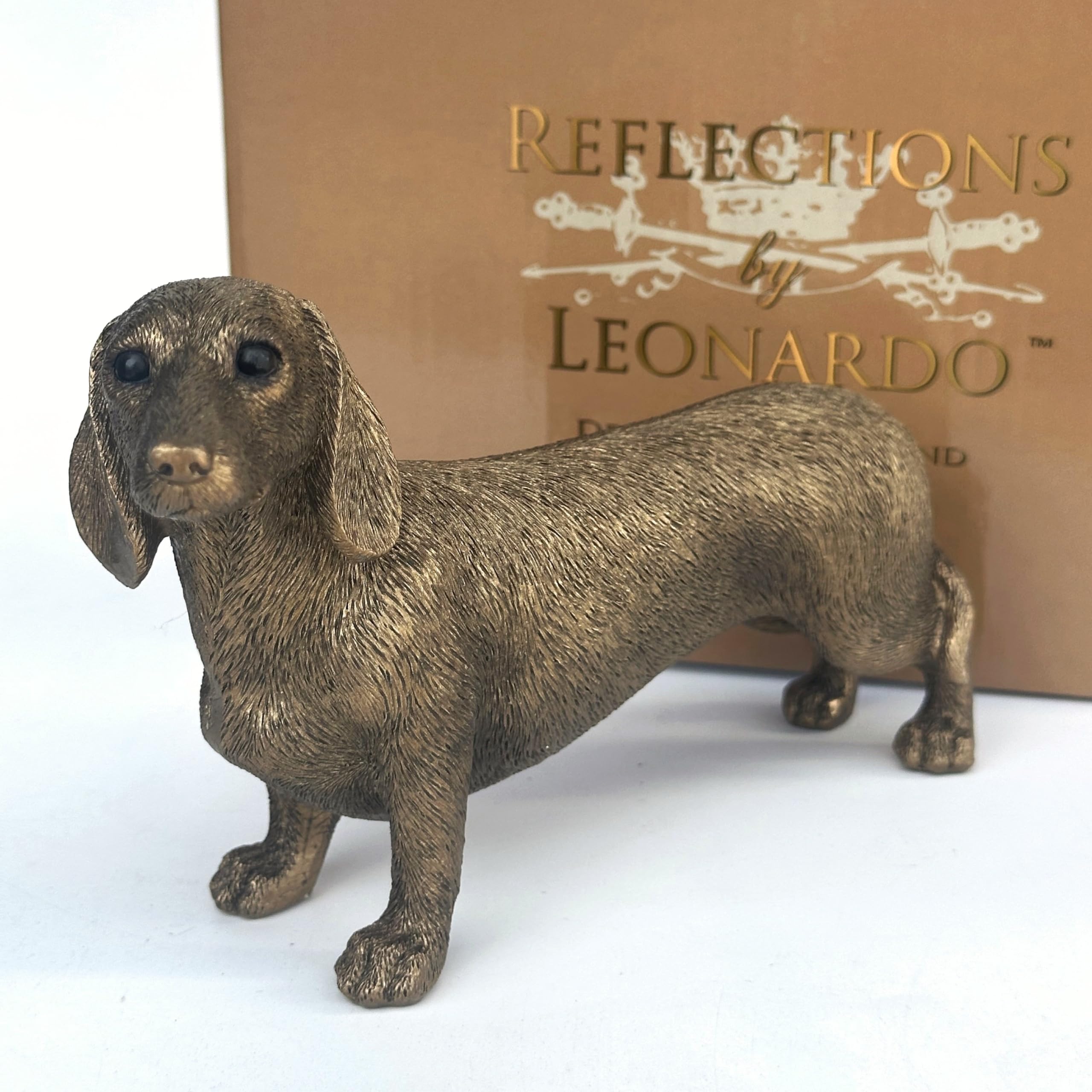 Lesser & Pavey Bronze Leonardo Dachshund Figurine Reflections Sausage Dog Lover Gold Gift Box