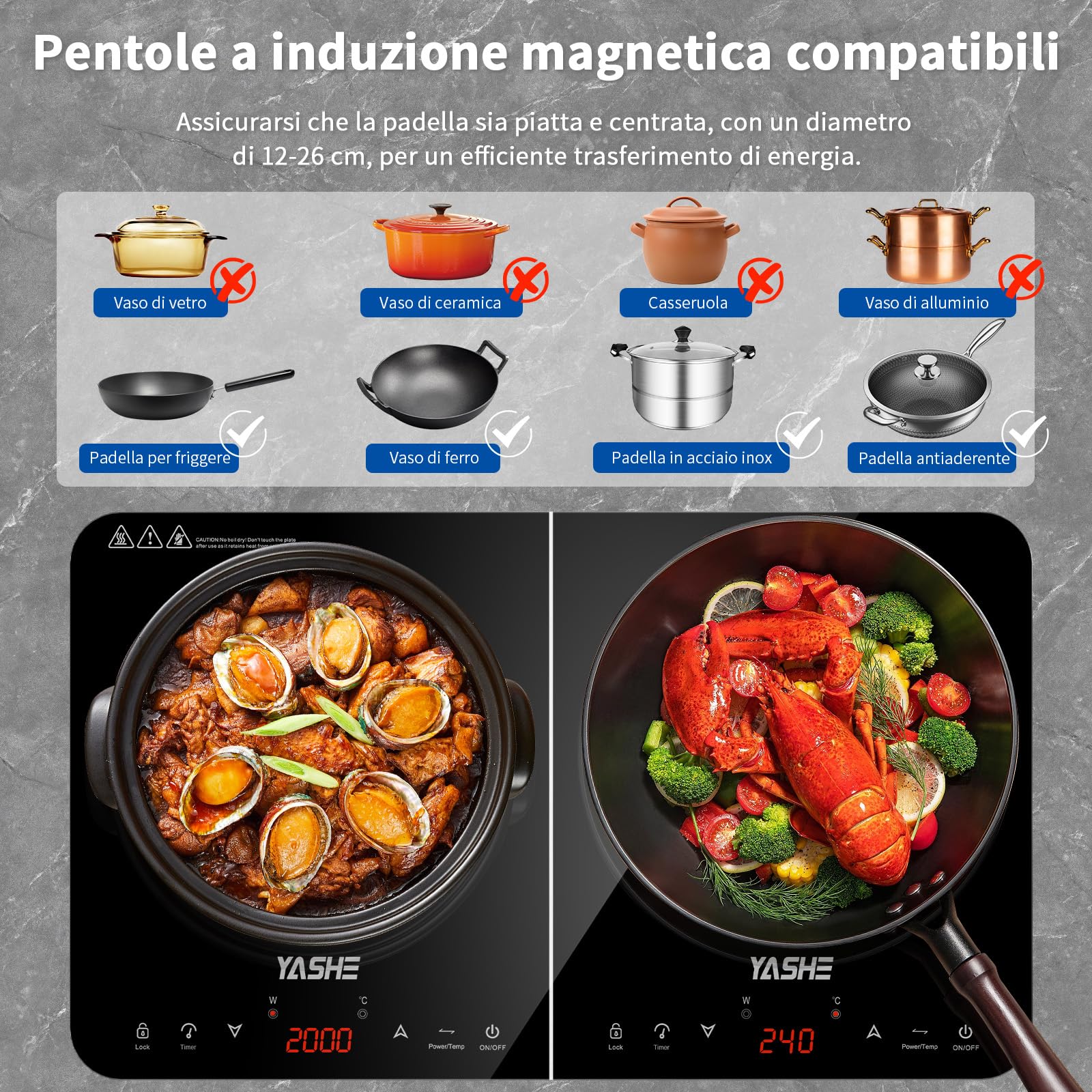 YASHE Piastra induzione – Piastra a induzione a 2 fuochi, 10 impostazioni di potenza e 10 di temperatura, piano cottura a induzione da 3500W 2 dischi, timer, blocco di sicurezza per bambini