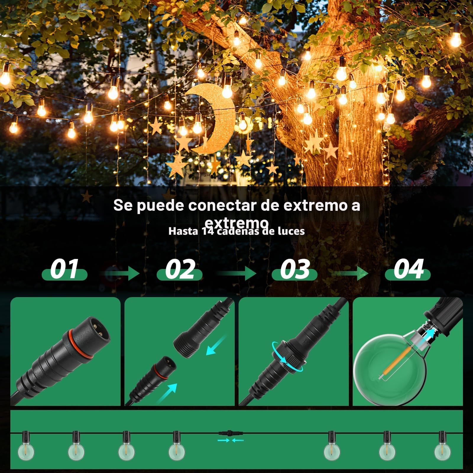 Guirnaldas Luces Exterior G40 32,44 M/106,4 FT Blanco Cálido 2700 K | Guirnaldas Luces Exterior Enchufables LED con 48+2 Bombillas, Impermeable, Estable, Adecuada para Jardín Patio Cafe Boda Fies