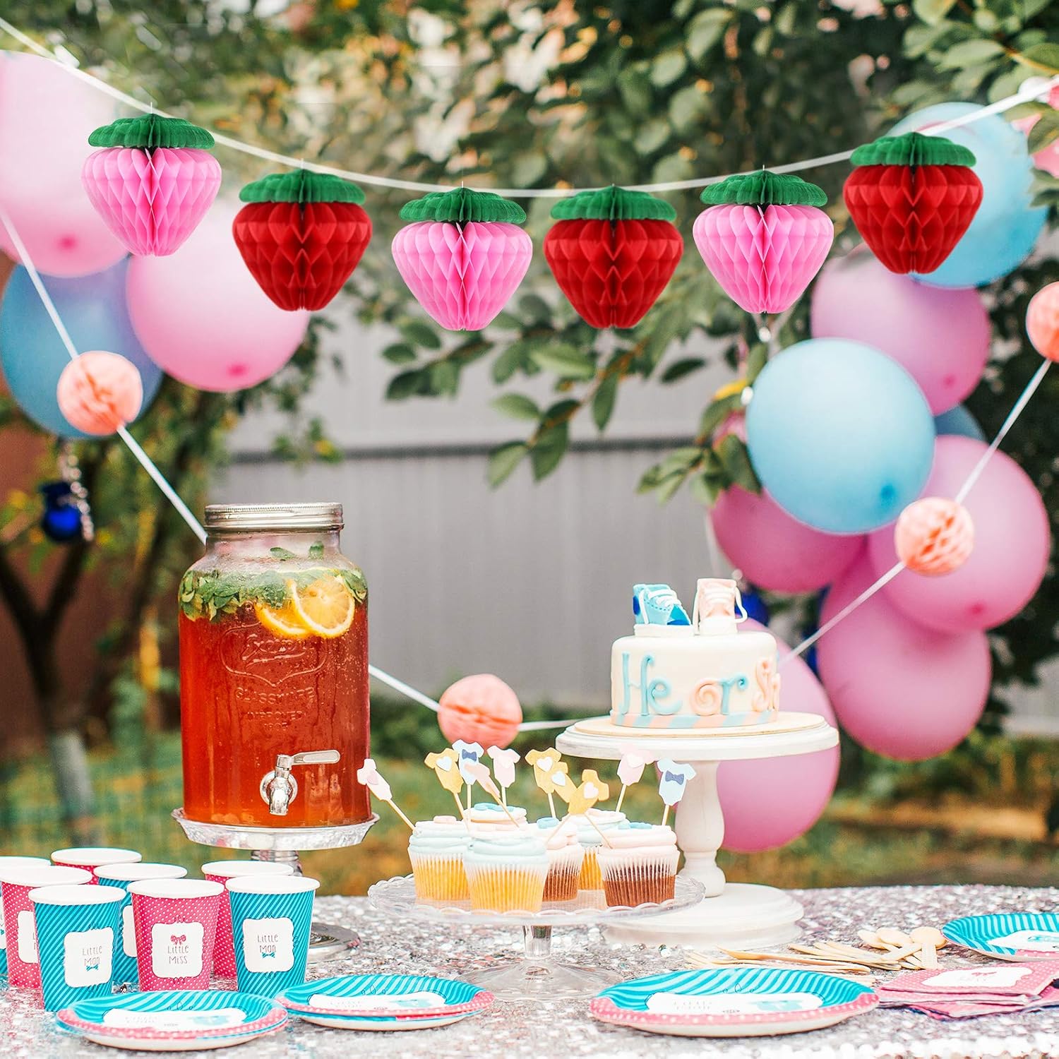 Skylety 10 Pcs 6 Inch Strawberry Party Decorations Red Pink Tissue Pom Poms Honeycomb Balls Paper Strawberry Lanterns Garland for Berry First Birthday Party 1st Baby Shower Sweet Fruit Wedding Decor