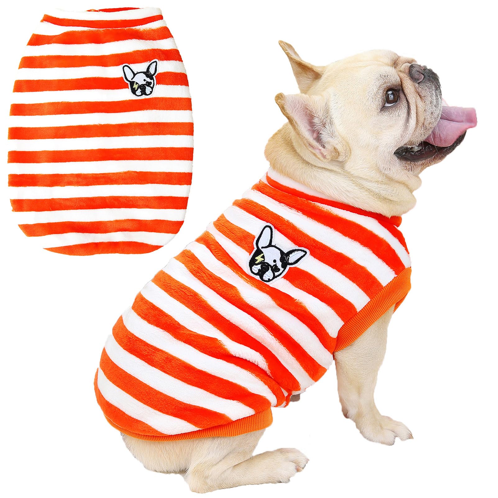 SMALLLEE_LUCKY_STORE Fleece French Bulldog Sweater for Small and Medium Dogs Rainbow Striped Pet Vests with Doggy Patch