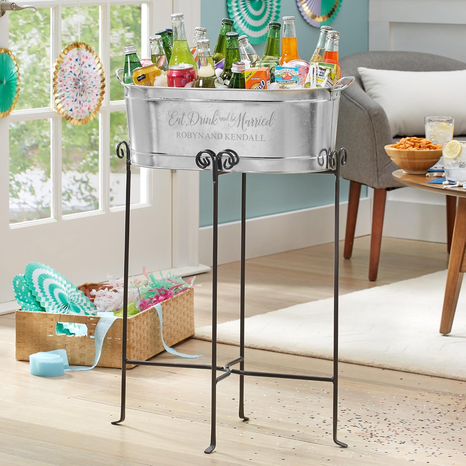 Let's Make Memories Personalized Beverage Tub - For Weddings, Newlyweds - Galvanized Metal Tub - Drink Cooler - 5.5 Gallons - Customized for Bride & Groom - Eat, Drink & Be Married