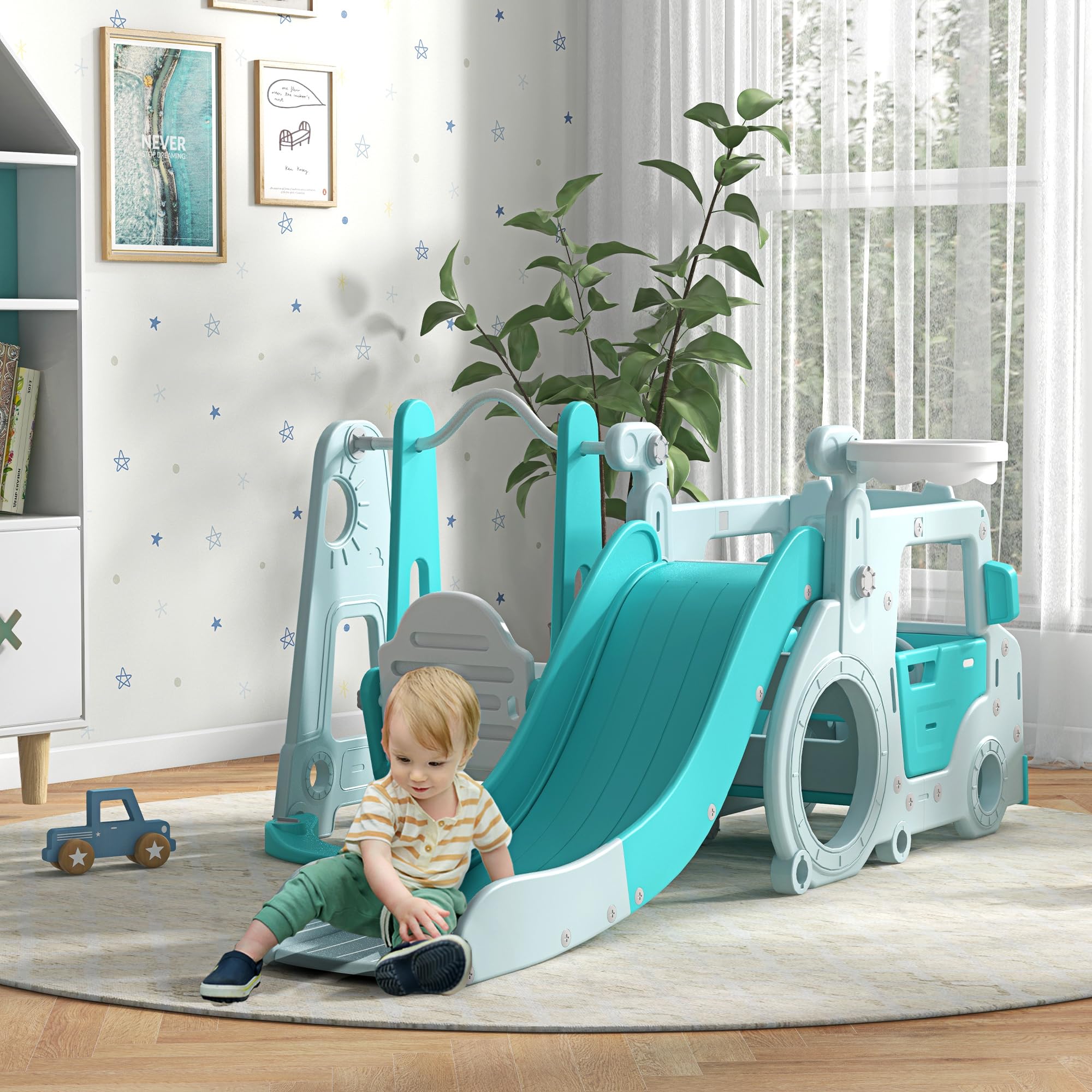 AIYAPLAY Juego de Tobogán y Columpio para Niños 6 en 1 Parque Infantil Tobogán para Bebés de 18-48 Meses con Volante Bocina y Baloncesto Carga 50 kg 201x151x87,5 cm Azul Claro