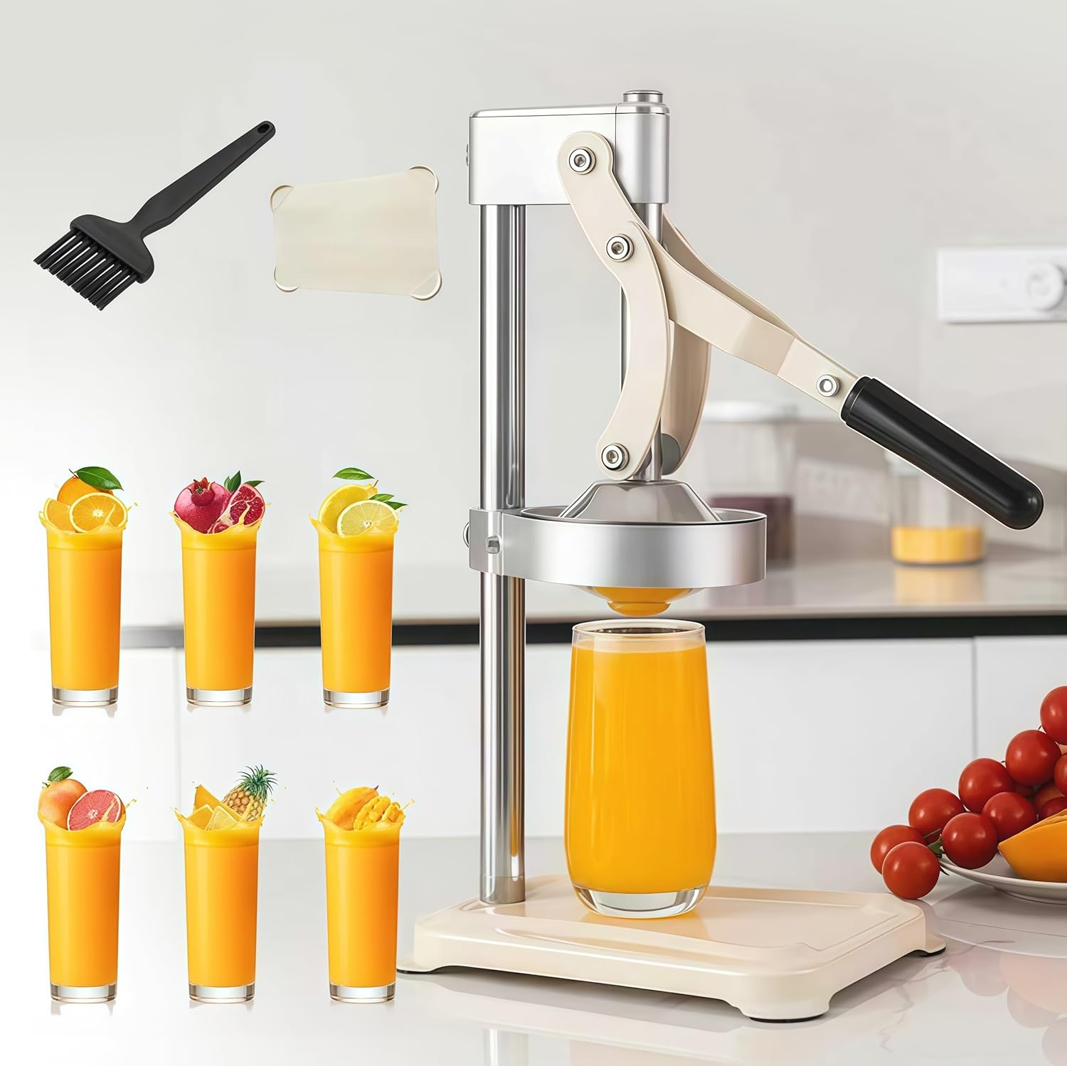Manual Citrus Juicer, Heavy Duty Lever Press Juicer for Oranges & Lemons, Stainless Steel Hand Press Squeezer, Easy to Clean, Stable Base for Home Kitchen