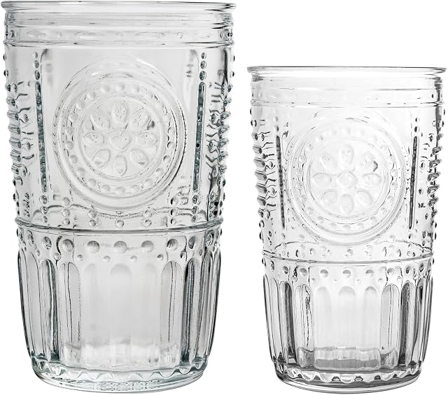 Bormioli Rocco Romantic Water Tumblers and Highball Cocktail Glasses - 305ml, 475ml - 12pc Set