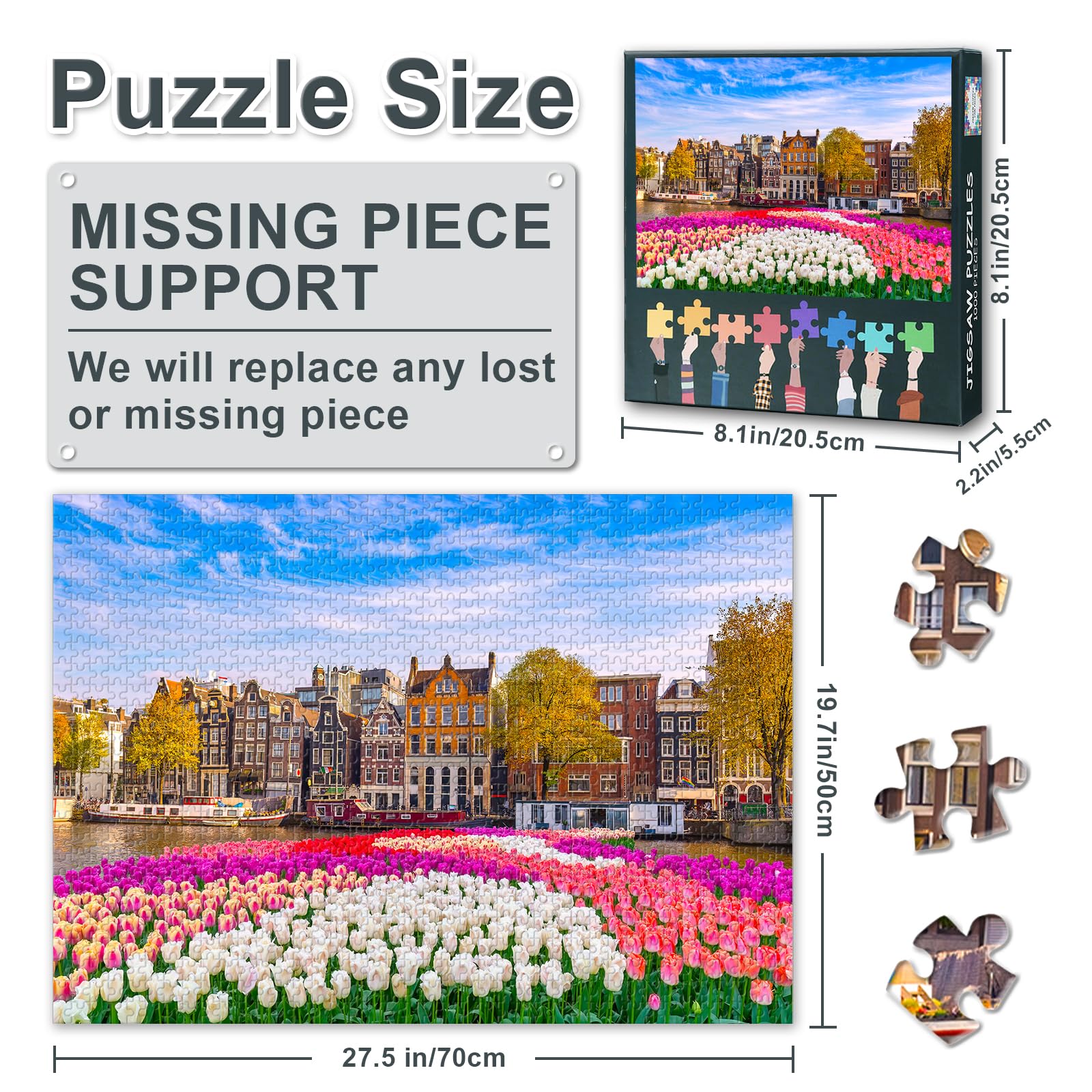 1000 Piece Jigsaw Puzzle - Amsterdam Netherlands Landscape 50x70cm, City Skyline at Canal Waterfront with Spring Tulip Flower Unique Gift for Adults Art - Image 3