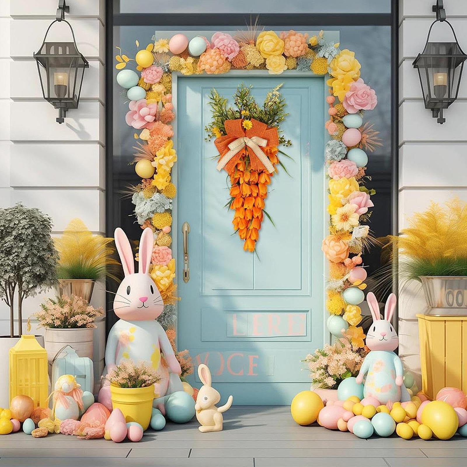 Ghirlanda Pasquale Decorazione Sospesa Tulipano Carota Teardrop Fiori Artificiali con Rattan Tessuto Pp Adatta per Parete Celebrazi, Grande con coniglietto