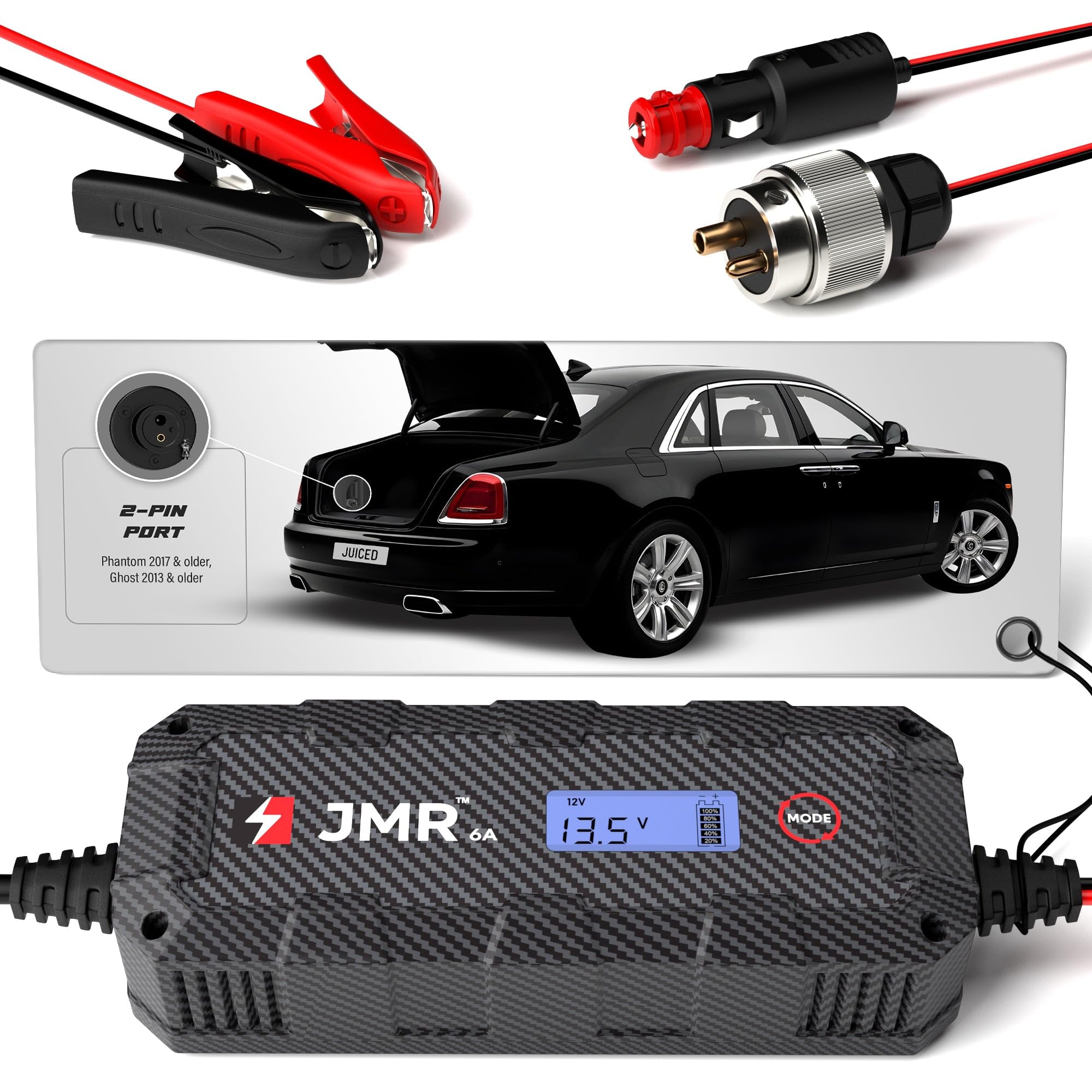 JMR Battery Charger for Rolls-Royce Ghost Phantom Trickle Charger Conditioner Maintainer (2-Pin Port, No Lithium Mode)