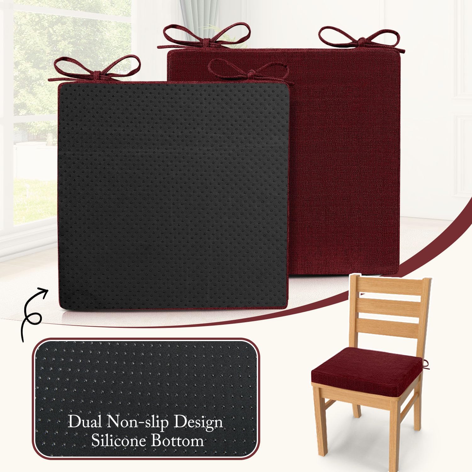 Cozyide Chair Cushions for Dining Chairs, Square Chair Pads with Ties and Non-Slip Bottom, Kitchen Chair Cushions 2 Pack, 16" x 16" x 2", Burgundy