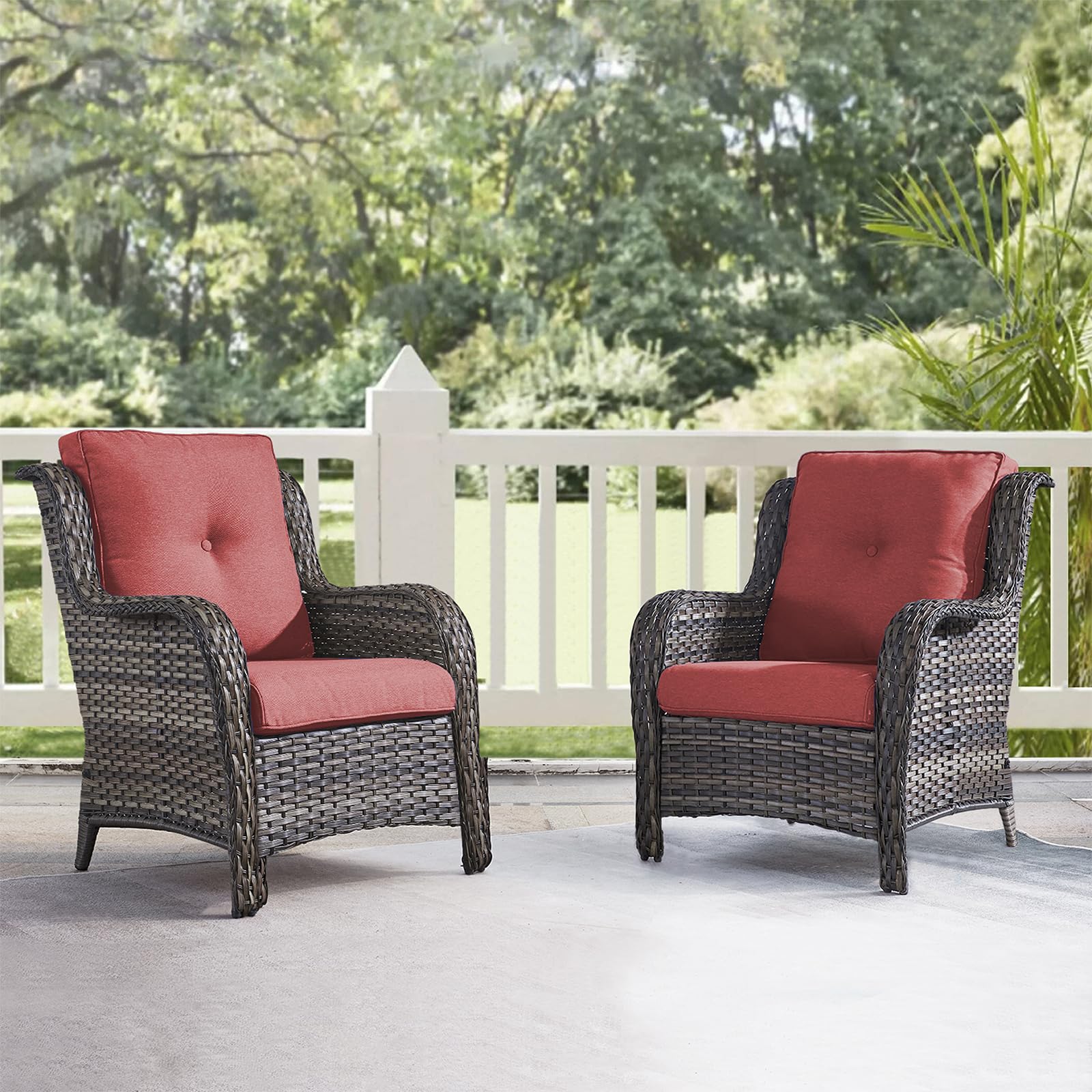 HUMMUH Patio Chairs Wicker Patio Dining Chairs Set of 2 PE Rattan Deep Seating Outdoor Chairs with 4 inch Seat Cushions (Grey/Red)