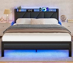 Furnulem Queen Size Bed Frame with Headboard and LED Lights, Upholstered Bedframe with Charging Station and USB Port, Platform Metal Bed Frames, No Box Spring Needed, Noise Free
