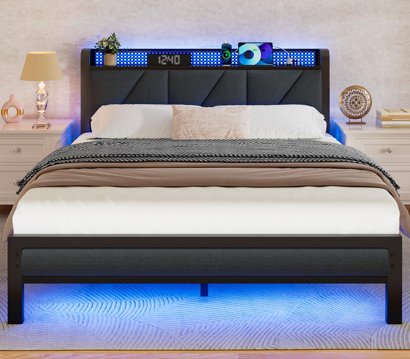 Furnulem Queen Size Bed Frame with LED Lights,Upholstered Storage Headboard with Charging Station and USB Port, Platform Bedframe Queen No Box Spring Needed, Noise Free,Heavy Duty Metal Slats Support
