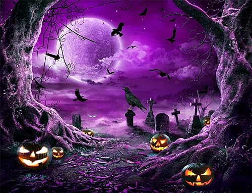 Miniatura 2 de LB Telón de fondo de fotos de cementerio de Halloween de 7 x 5 pies, tumba de calabaza de terror con cuervo en bosque brumoso, telón de fondo para