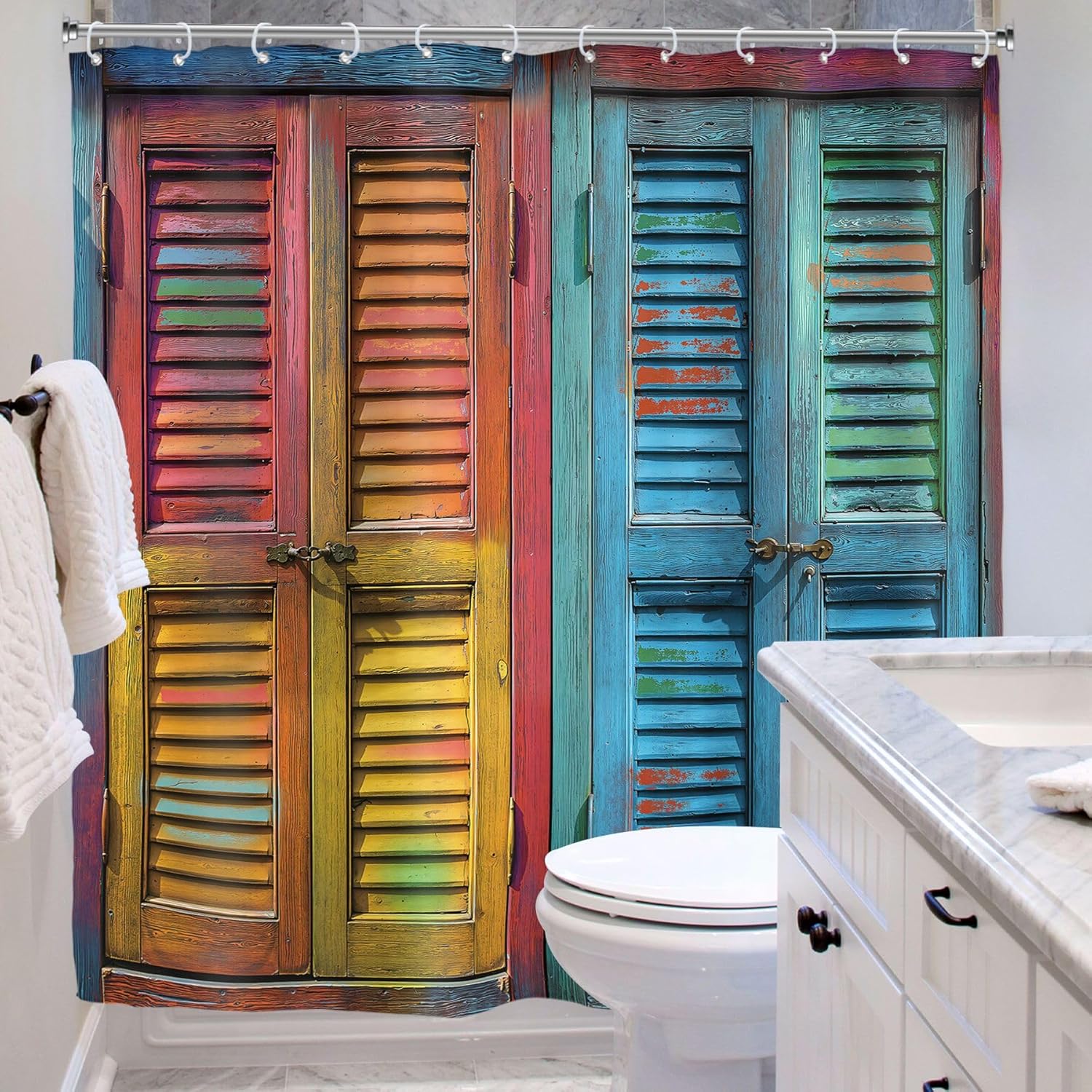 Riyidecor Rustic Barn Door Shower Curtain for Bathroom Decor 72Wx78H Vintage Colorful Farmhouse Wooden Wood Blinds Plank Countryside Art Printed Fabric Polyester Waterproof 12 Pack Plastic Hooks