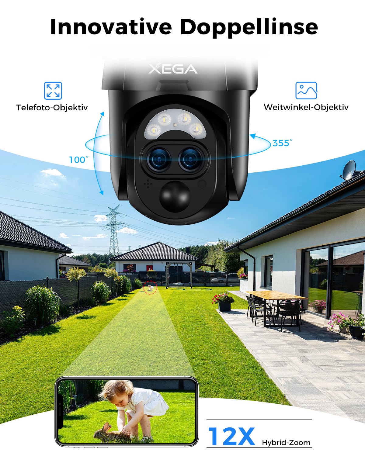 Xega Überwachungskamera Aussen Solar mit Dual-Objektiv【12X Hybrid-Zoom】 2K Kabellos WLAN Kamera Outdoor 8000MAh, AI Human Detection, 0,2s Alarm, Farbnachtsicht, 2-Wege-Audio, 2,4GHz WLAN, TF/Cloud