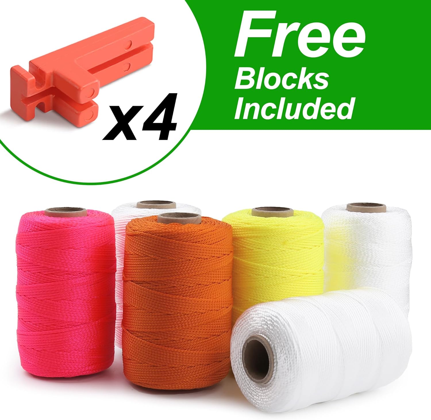 HASWARE 3600FT Mason Line Nylon String #18 Braided Twine Six Colors - Heavy Duty Construction String with Line Block for Gardening Plants Camping Gift Wrapping Masonry Outdoor Projects