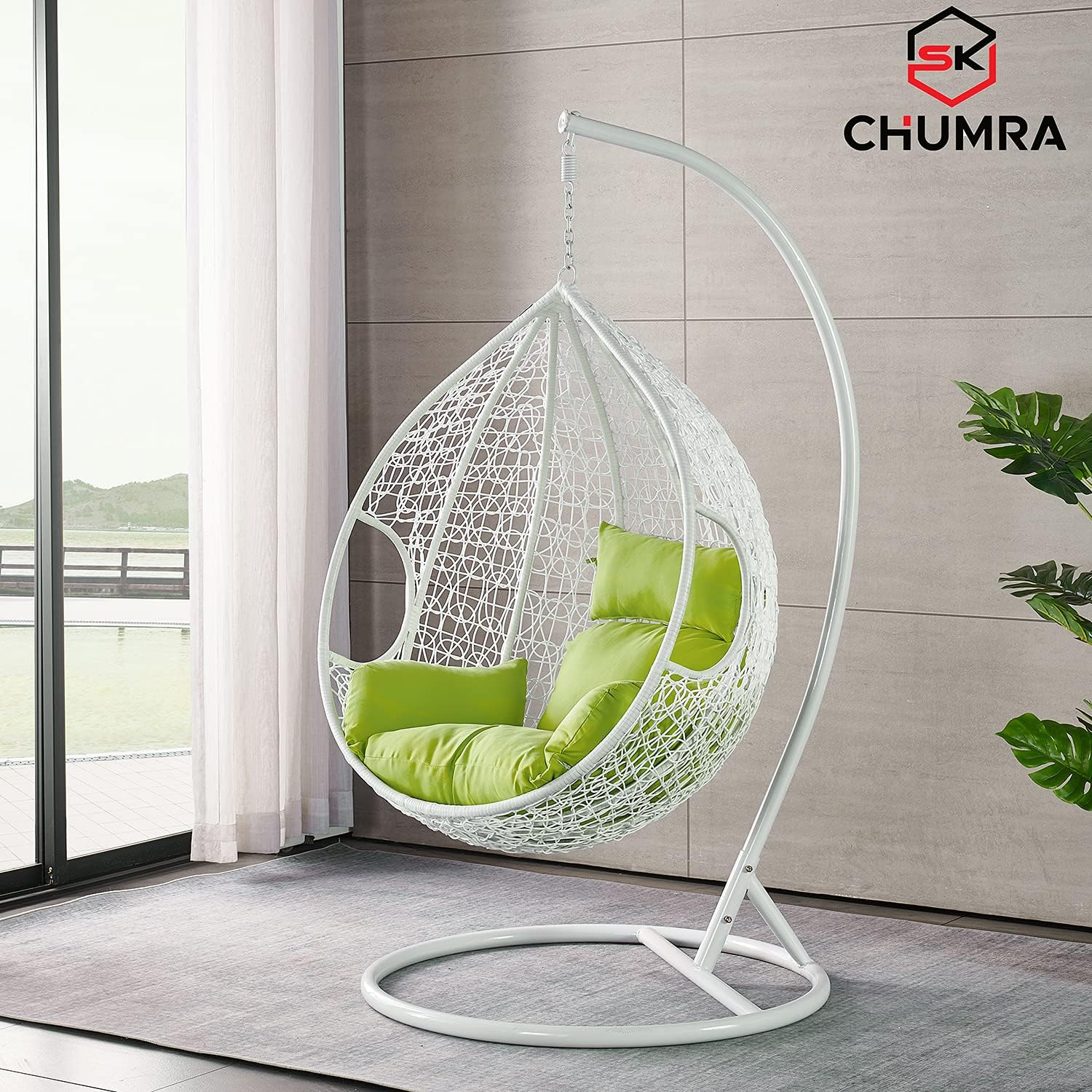 Egg Swing Chair Water drop shaped Hammock Chair Luxury Hand Woven Wicker Rattan Strong Aluminum Stand UV Resistant & Washable Cushion and Cover for Indoor Outdoor Patio Bedroom (White/Green)