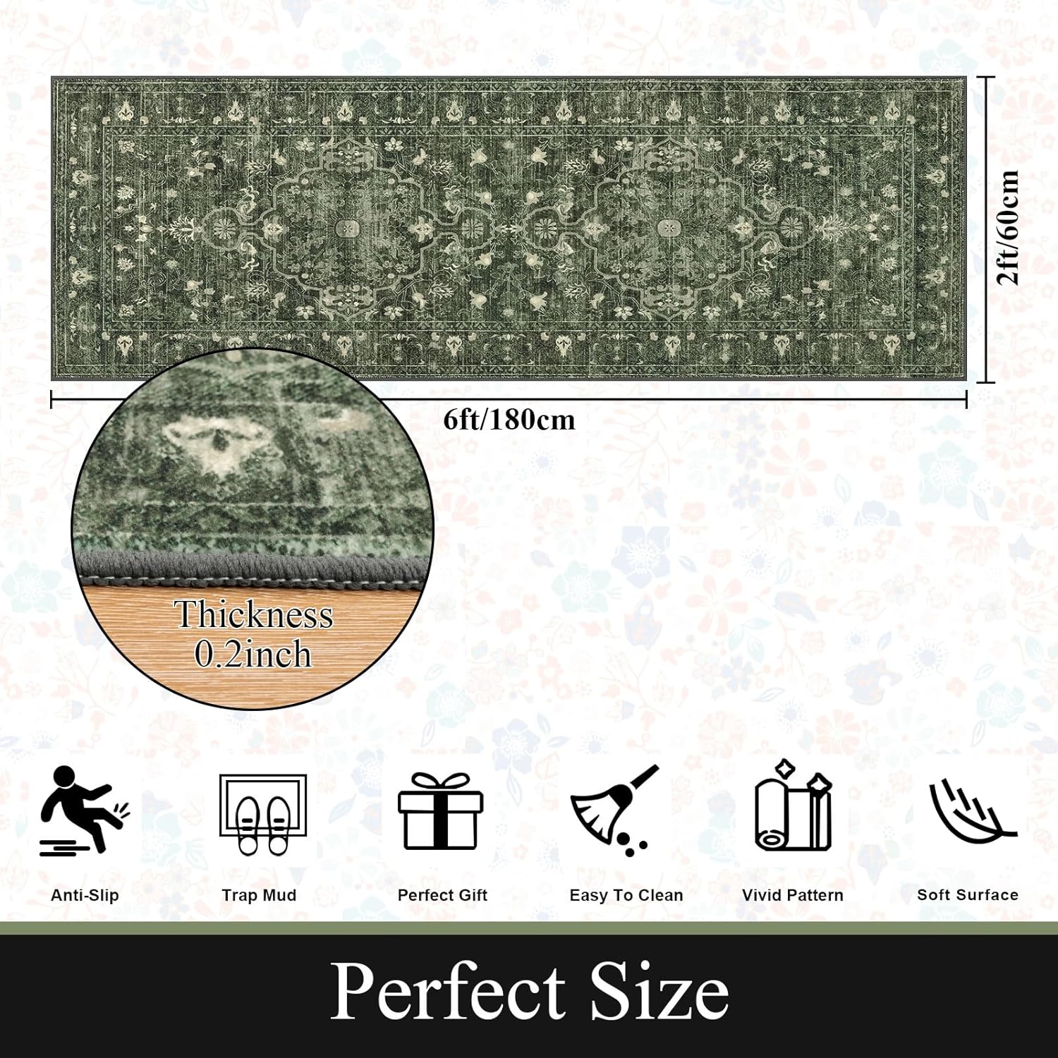 U'Artlines 2' x 6' Boho Hallway Runner Rug Vintage Farmhouse Non Slip Soft Washable Accent Runner Carpet for Kitchen, Entryway, Laundry, Living Room(Dark Green) - Image 2