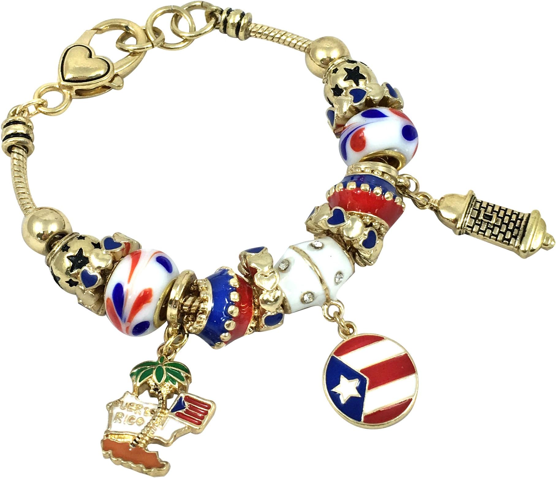 Puerto Rico Theme Murano Glass Charm Bracelet 7.5 Inch