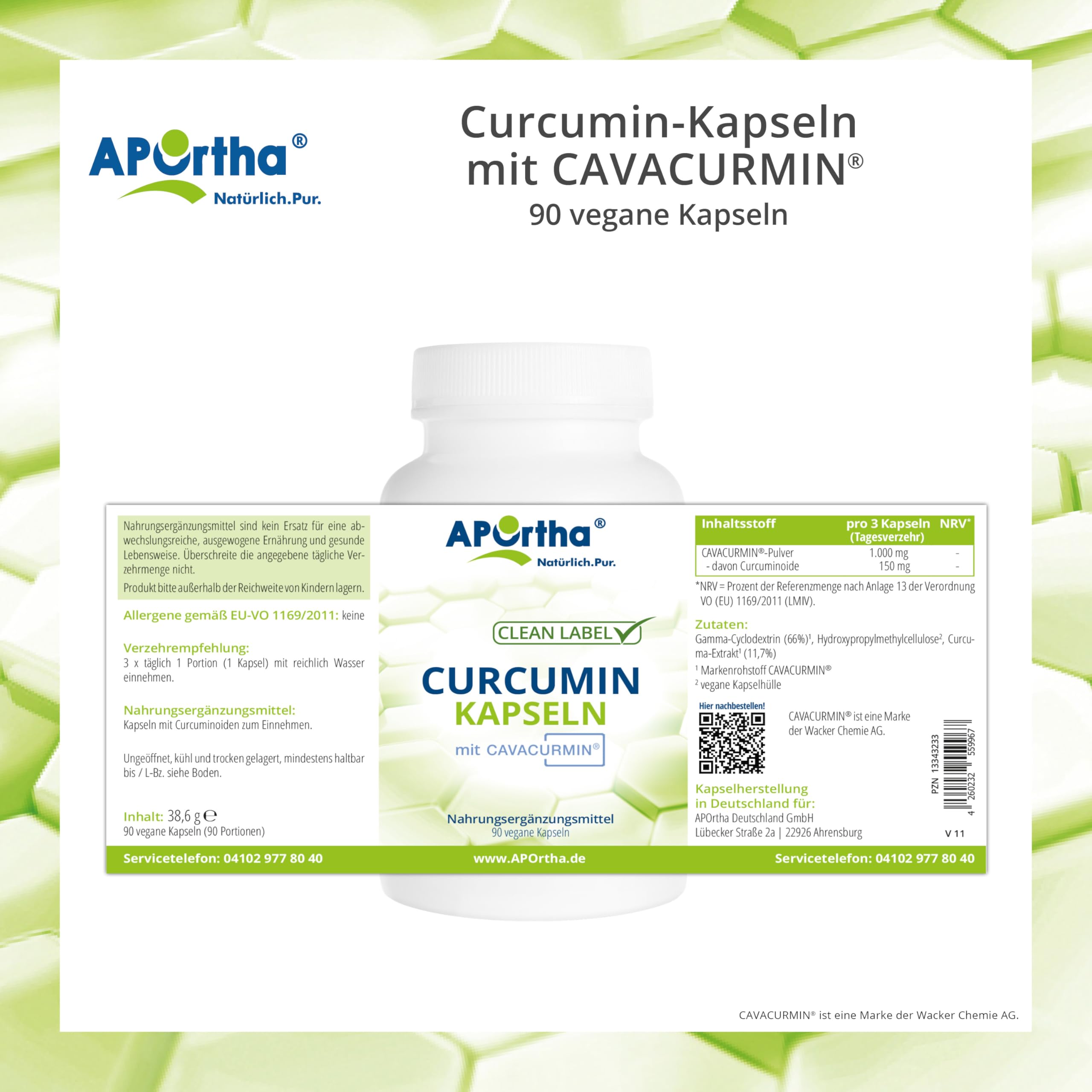 APOrtha® Curcumin-Kapseln mit CAVACURMIN®, 90 vegane Kapseln, Hochdosiert mit 999,99mg Curcumin pro Tagesverzehr, gewonnen aus Curcuma, 90 Kapseln für 30 Tage, vegan, glutenfrei, allergenfrei