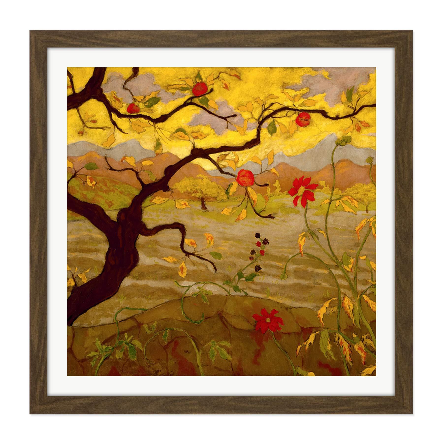 Artery8 Ranson Apple Tree Red Fruit Painting Square Wooden Framed Wall Art Print Picture 16X16 Inch