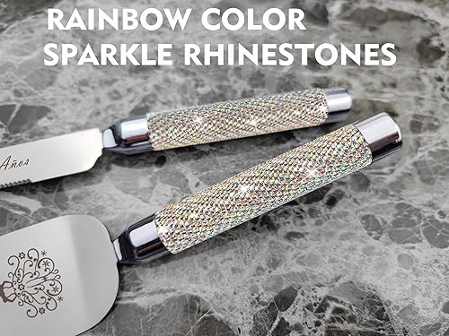 Miniatura 3 de ROXBURGH Mis Quince Años - Juego de cuchillos y servir pasteles de quinceañera, decoración de Feliz 15 años, cortador de pastel plateado de acero