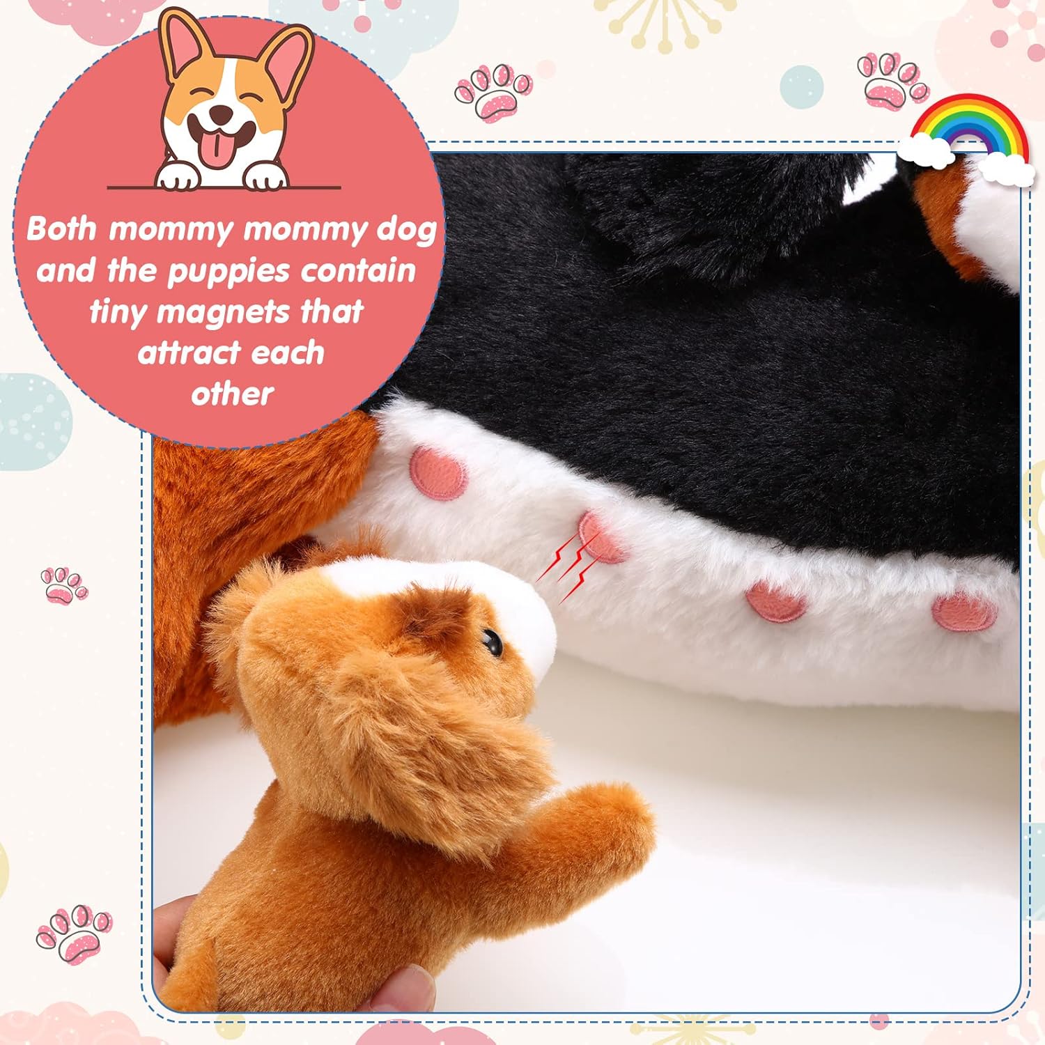 HyDren Nurturing Bernese Mountain Dog Plush Toy Set 15 Inch Nursing Mommy Dog Stuffed Animal with 4 Stuffed Magnetic Baby Puppies for Kids Birthday Graduation Children's Day Gifts Pet Party Favors - Image 3