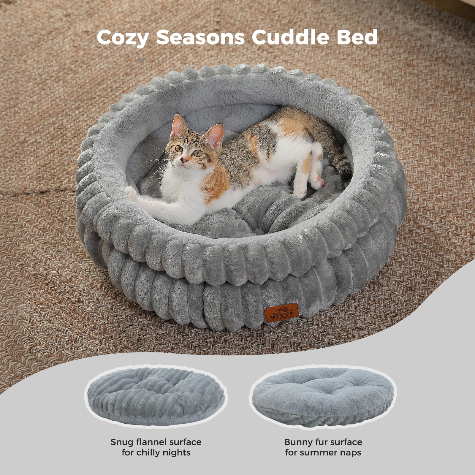 PAWZ Road Katzenbett waschbar, Hundebett kleine Hunde, Rundes, Flauschiges Katzenkissen, Katzenschlafplatz-Bettchen, Katzenkorb, Grau, 61x61x23cm