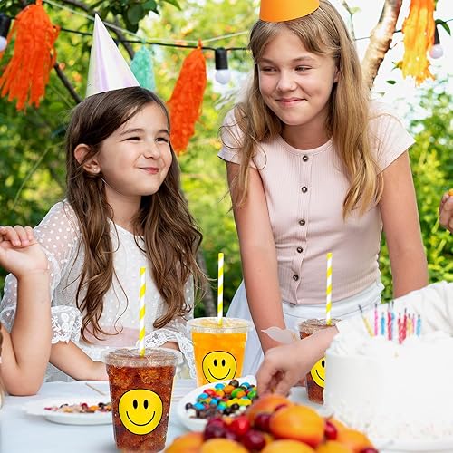Miniatura 5 de Whaline 50 vasos de plástico desechables con tapa y pajitas de 12 onzas con cara sonriente, vasos de fiesta de cara feliz para bebidas frías para