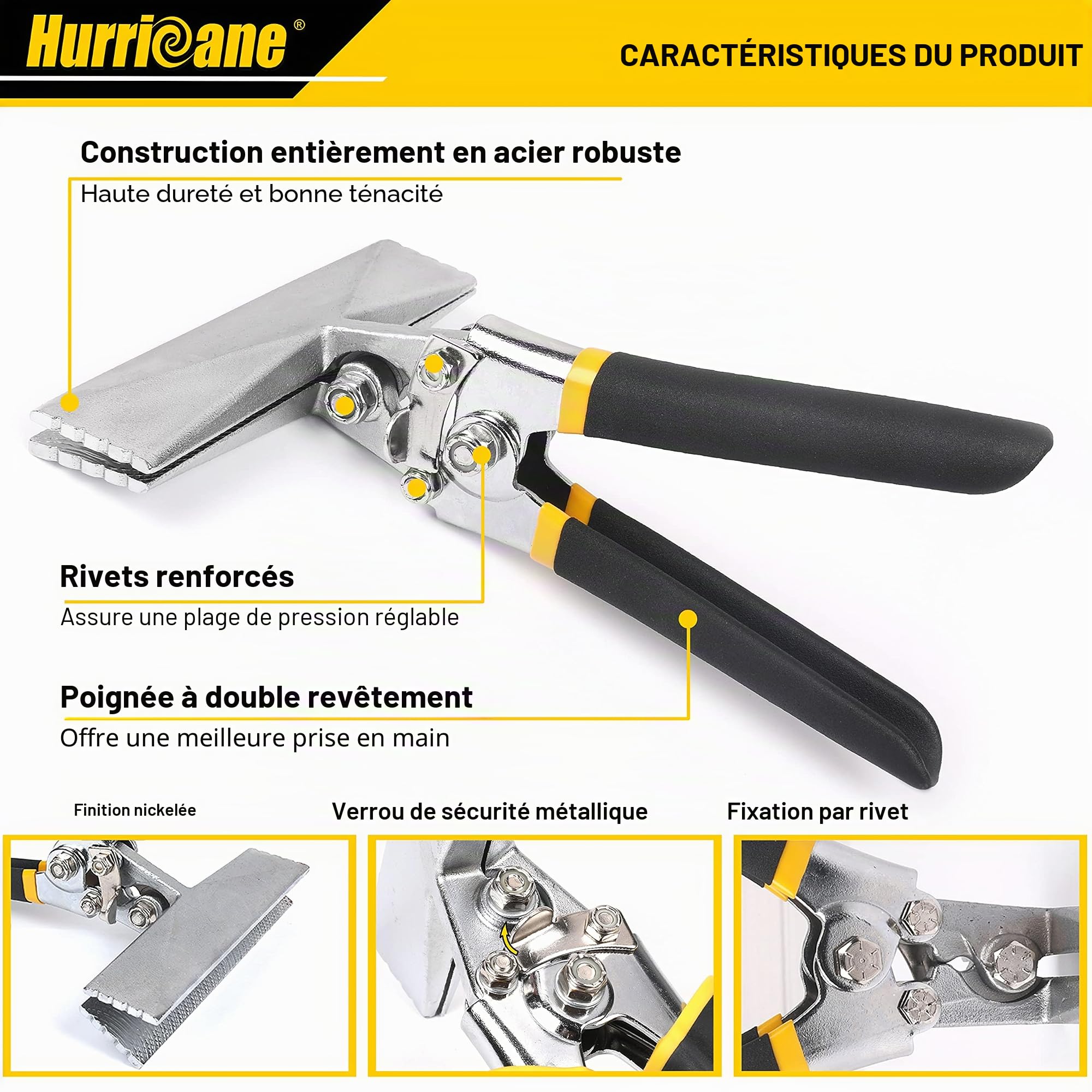 HURRICANE Pince à plier la tôle, 15 cm, mâchoires droites, pour aplatir et plier les métaux, poignée double couche rembourrée