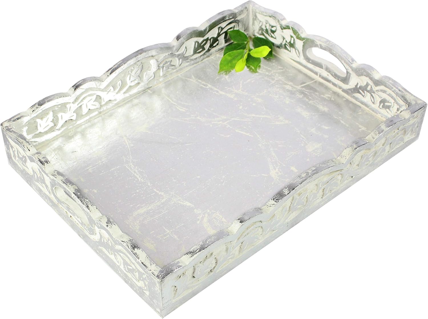 COTTON CRAFT - Wooden Decorative Serving Tray - Distressed silver finish - Size: 17 x 13 x 2.5 Inches - Intricate detail with hand carving creates a truly unique furnishing accent