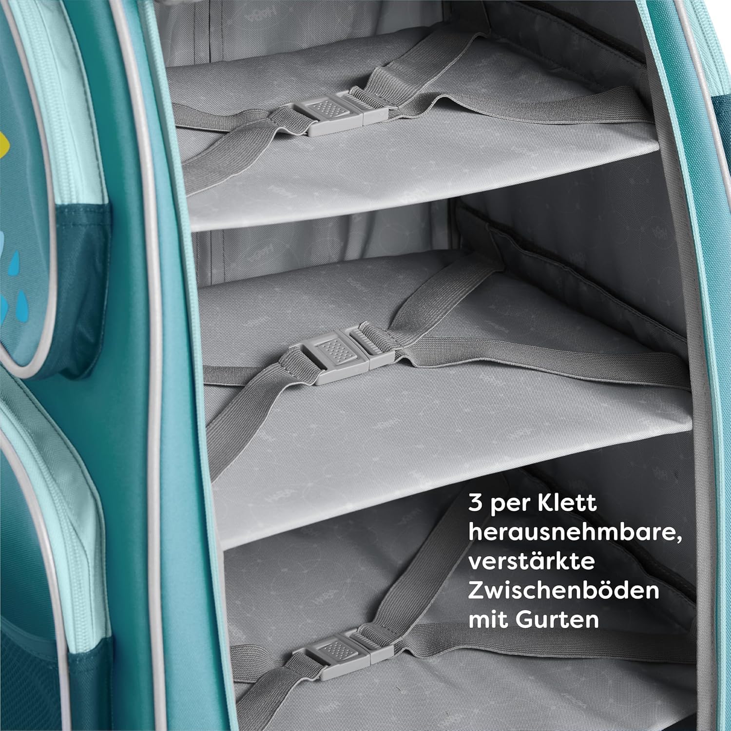HABA Kinder-Schranktrolley Petrol mit 4 Rollen – Kinderkoffer aus recyceltem Polyester mit Schmutzwäschebeutel, 3 herausnehmbaren Böden und 4 Reißverschluss-Außentaschen – 2012724001