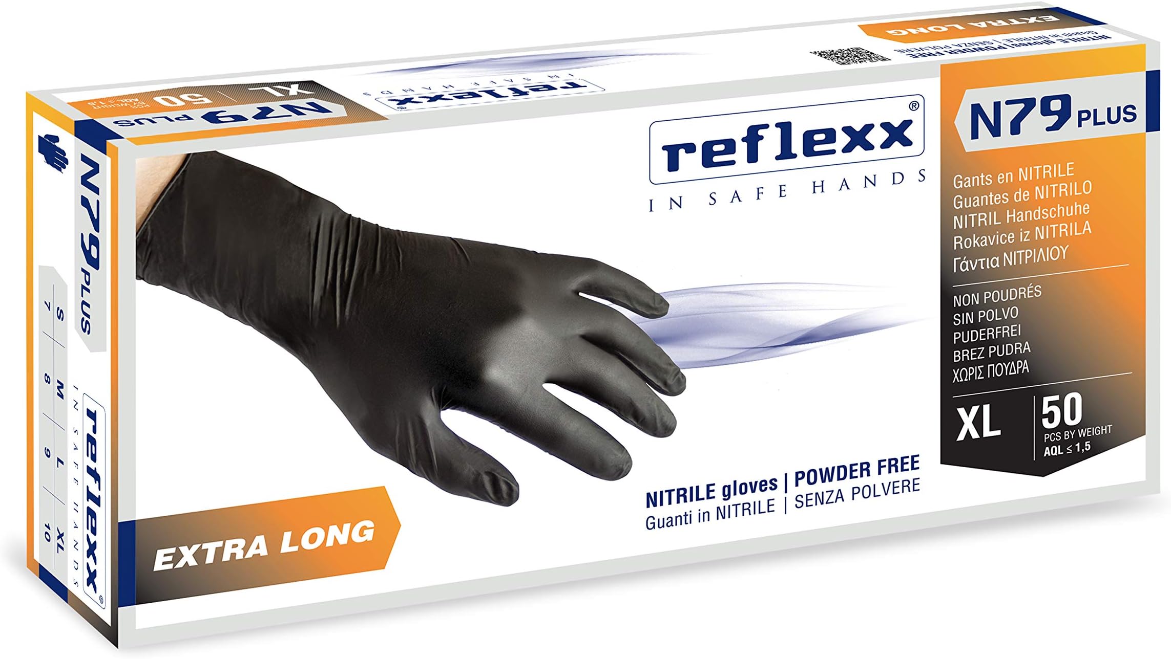 Reflexx N79P/XL Extra long, 30 cm, powder free nitrile gloves gr7.7, Size X-Large, Black (Pack of 50)